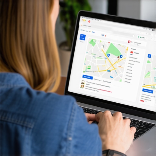 Business owner reviewing Google My Business insights on laptop with local maps