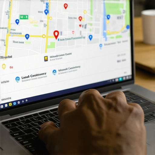Person reviewing local SEO strategies on a laptop with Google Maps on screen