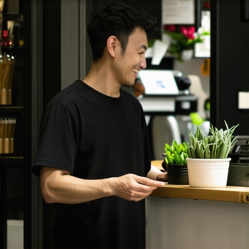 A local shop owner interacting warmly with customers, illustrating community connection and personalized service