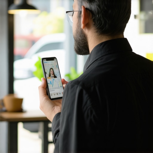 Business owner verifying Google Maps profile on smartphone in office