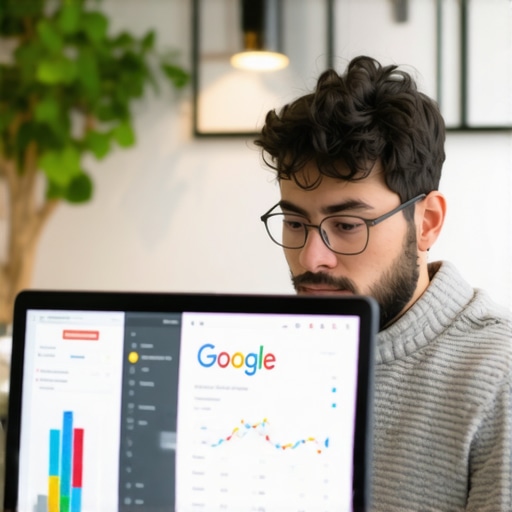 Business owner reviewing Google My Business analytics on a laptop, with charts and graphs.