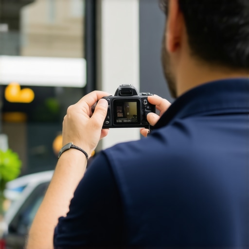 Business owner capturing professional images of storefront for Google My Business listing