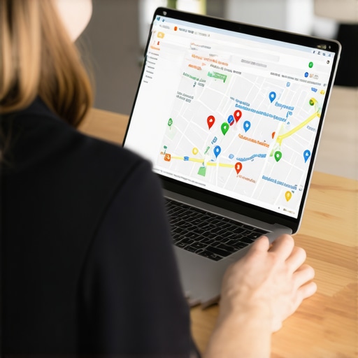Business owner updating Google Maps listing on laptop.