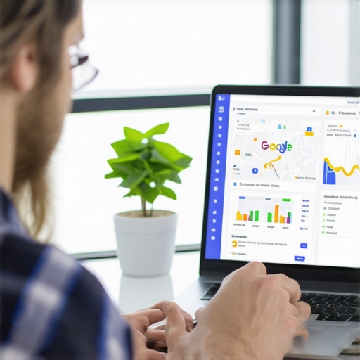 Business owner reviewing Google Maps ranking analytics on a laptop with charts and maps.