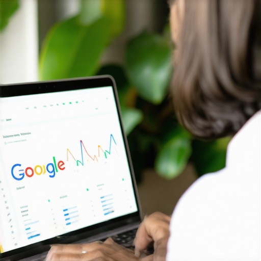 Business owner analyzing Google My Business insights on laptop.