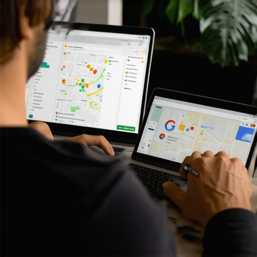 Business owner optimizing GMB profile on laptop with analytics on screen.