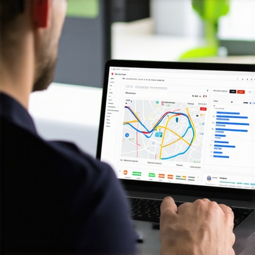 Business owner analyzing Google Maps ranking data on laptop