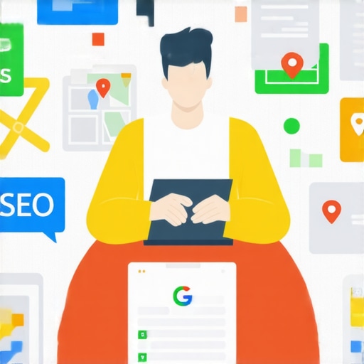 Person working on Google My Business profile with local maps and SEO icons