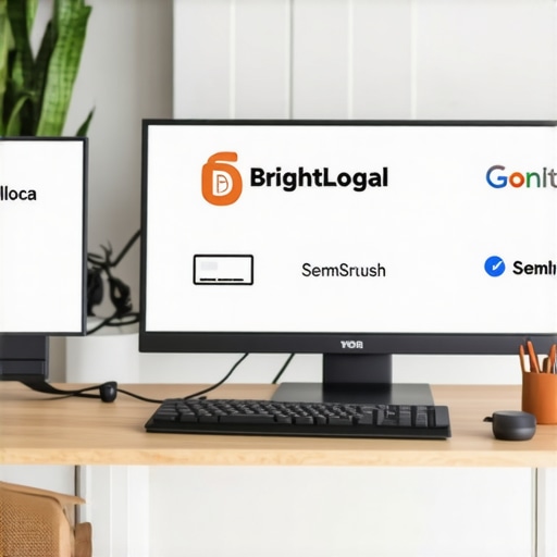 A computer monitor displaying SEO tools for local business ranking analysis.