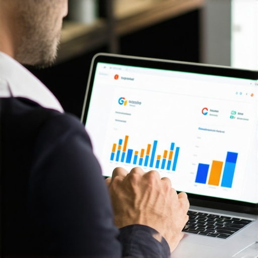 Business owner optimizing Google My Business profile on laptop with visibility charts.