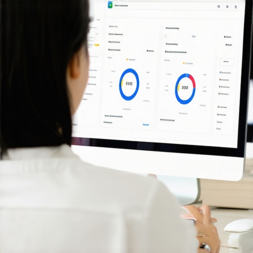 Person analyzing Google My Business analytics on a desktop computer, with charts highlighting ranking and review data.
