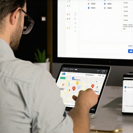 Business owner editing Google My Business profile on a laptop with local map view.