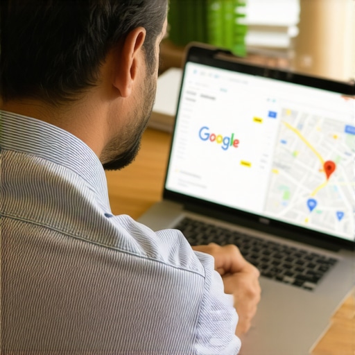 Business owner editing GMB profile on laptop with maps and analytics