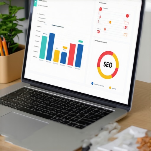 SEO Tools and Maintenance Workflow Desk with laptops, SEO analytics software, and checklists for local SEO management.