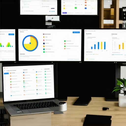 Desk with multiple screens showing SEO dashboards and citation tools