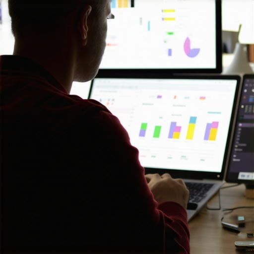 Person analyzing local SEO rankings on a laptop with various SEO dashboards visible.