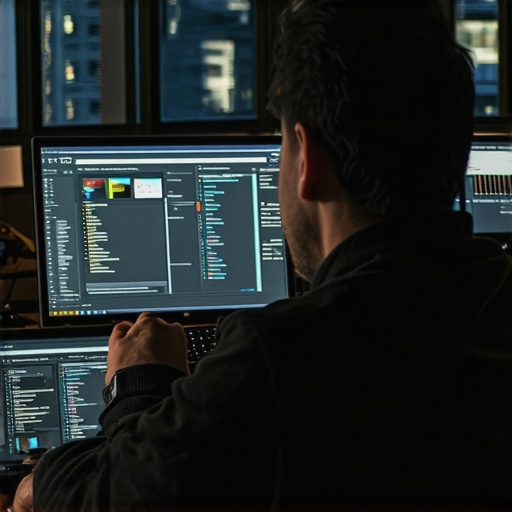 Person reviewing SEO analytics on multiple monitors