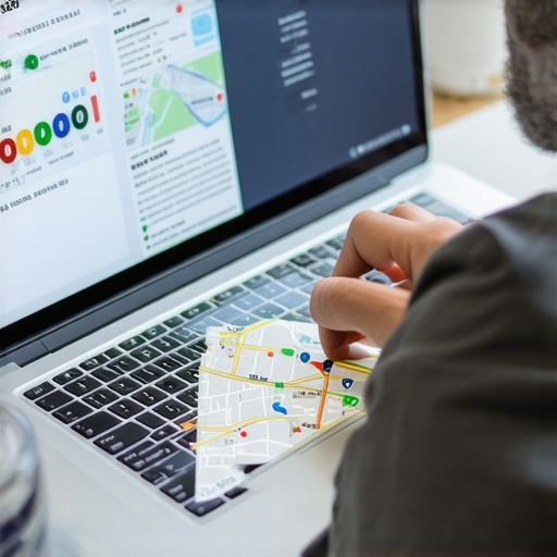 Business owner reviewing local SEO data with Google Maps and analytics charts
