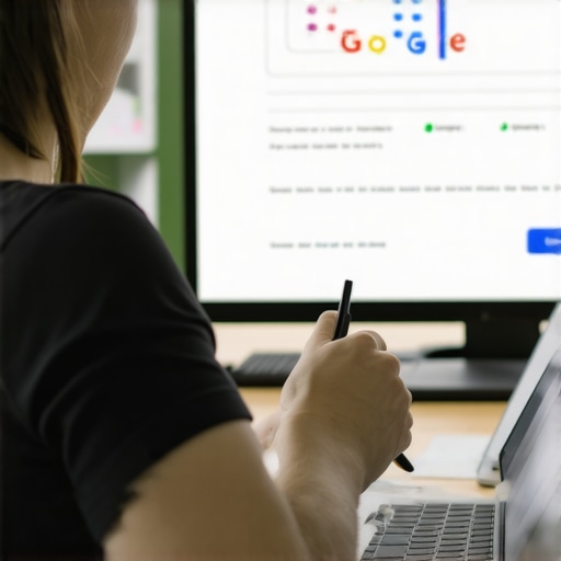 Person typing a support request on a laptop focusing on Google My Business troubleshooting.