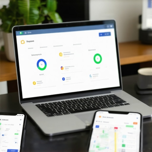 Essential Tools for Sustained Google Maps Success A modern office workspace with devices and charts monitoring local search rankings.