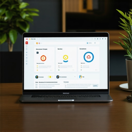 Business owner working on GMB profile with analytics and improvement icons