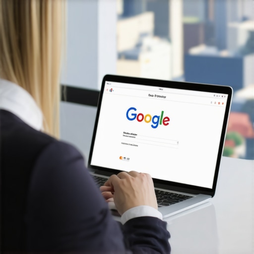 Person working on Google My Business profile on laptop with cityscape background.