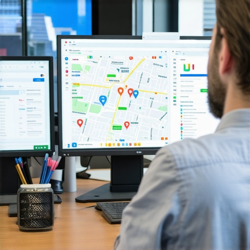 Analyzing Google Maps Data Professionals reviewing local SEO performance metrics on monitors.