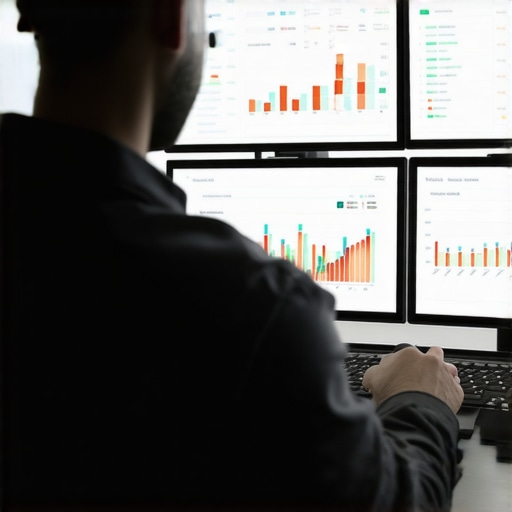 Person analyzing local search performance metrics on computer screens.