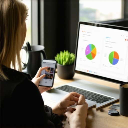 A business professional analyzing local SEO and Google Maps ranking dashboards on multiple devices.