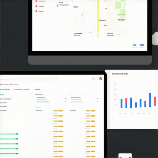 SEO Tools Workspace for Local Business Optimization Close-up of screens displaying SEO analytics, keyword tracking, and maps data management.