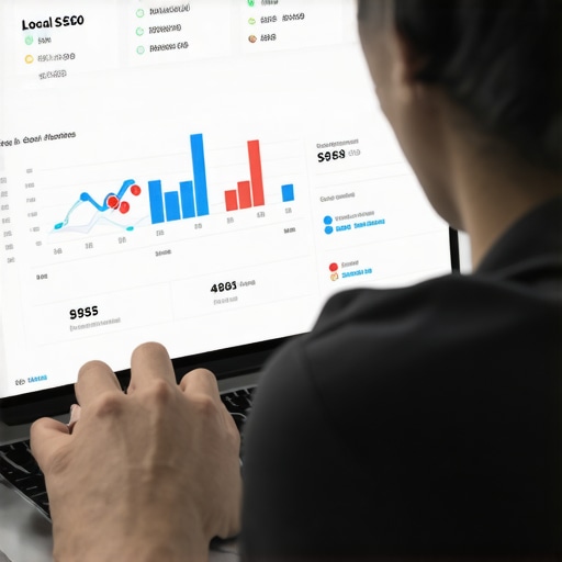 Person analyzing local SEO data on a laptop with charts and maps for Google Maps ranking maintenance.