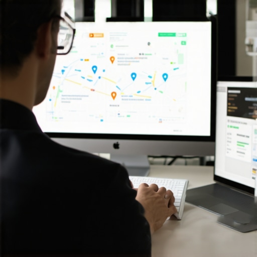 Man reviewing local SEO data with multiple monitors showing Google Maps analytics