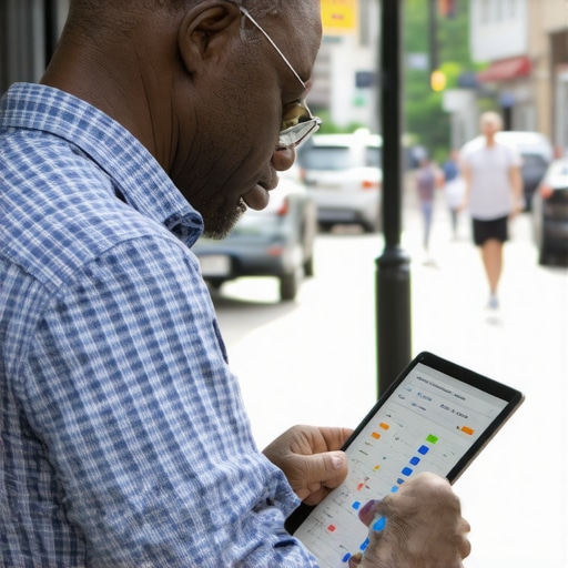 Business owner reviewing foot traffic analytics amidst neighborhood scene
