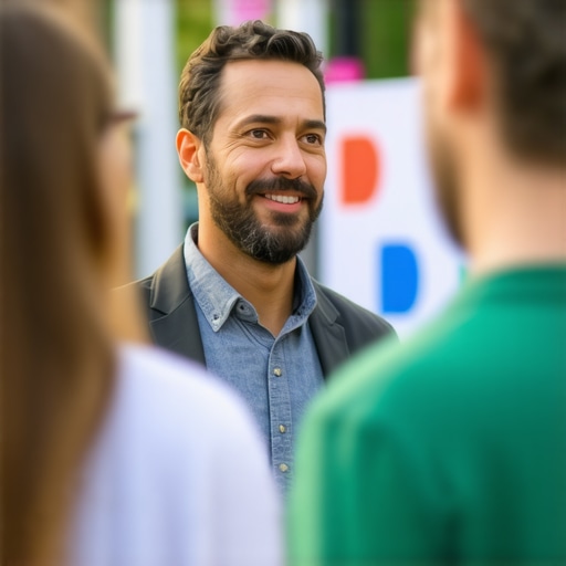 Business owner participating in a local community event with banners and flyers