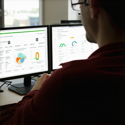 Person reviewing SEO analytics on a digital dashboard with maps and graphs.
