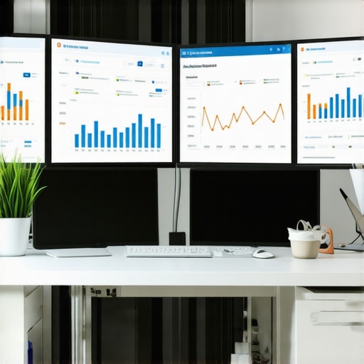A workspace setup with screens showing analytics dashboards for Google Maps ranking and local SEO.