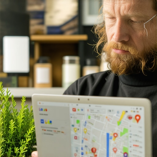 Person reviewing Google Maps performance on a laptop in a local shop setting