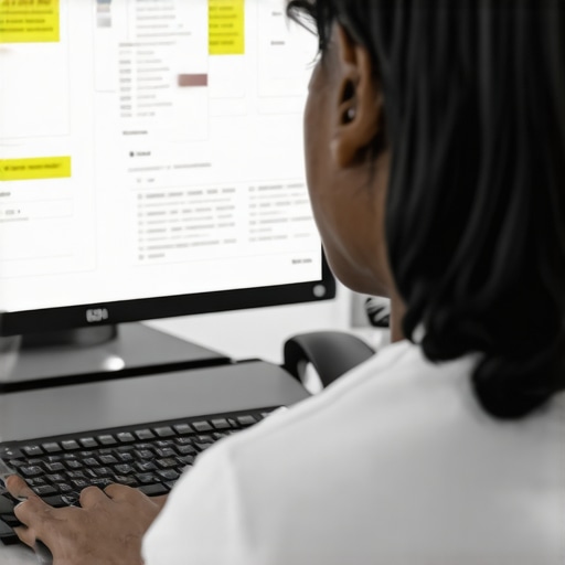 A person using a laptop, pointing at documents and resources related to Google My Business support troubleshooting.