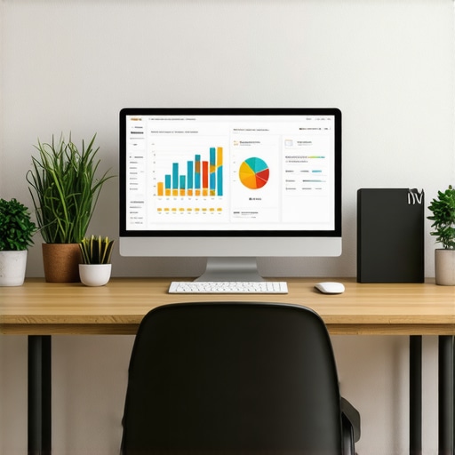 A professional desk with computer screens displaying local SEO analytics and tools