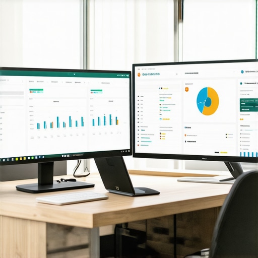 A professional workspace with monitors showing SEO analytics and ranking graphs.
