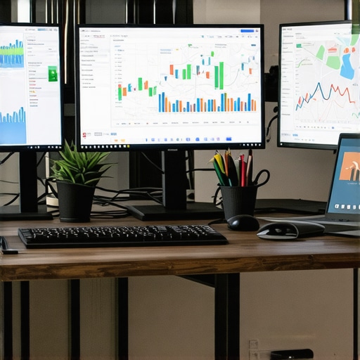 A workspace setup with monitors showing SEO and Google Maps analytics for local ranking management.