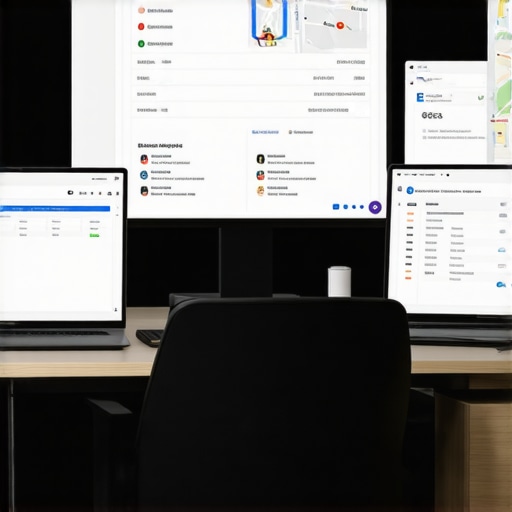 SEO Tools at Work Person managing local SEO with multiple digital tools on screens.