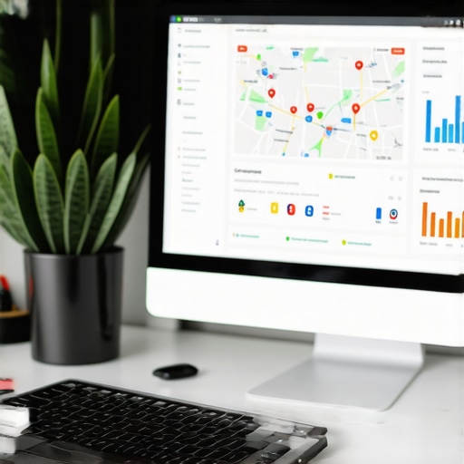 SEO Tools for Local Ranking Maintenance Laptop and charts showing Google Maps analytics and local SEO metrics.